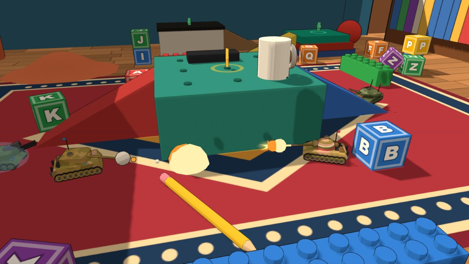 The living room arena: a teal ottoman with a mug on top, toy bricks and letter blocks on a rug.