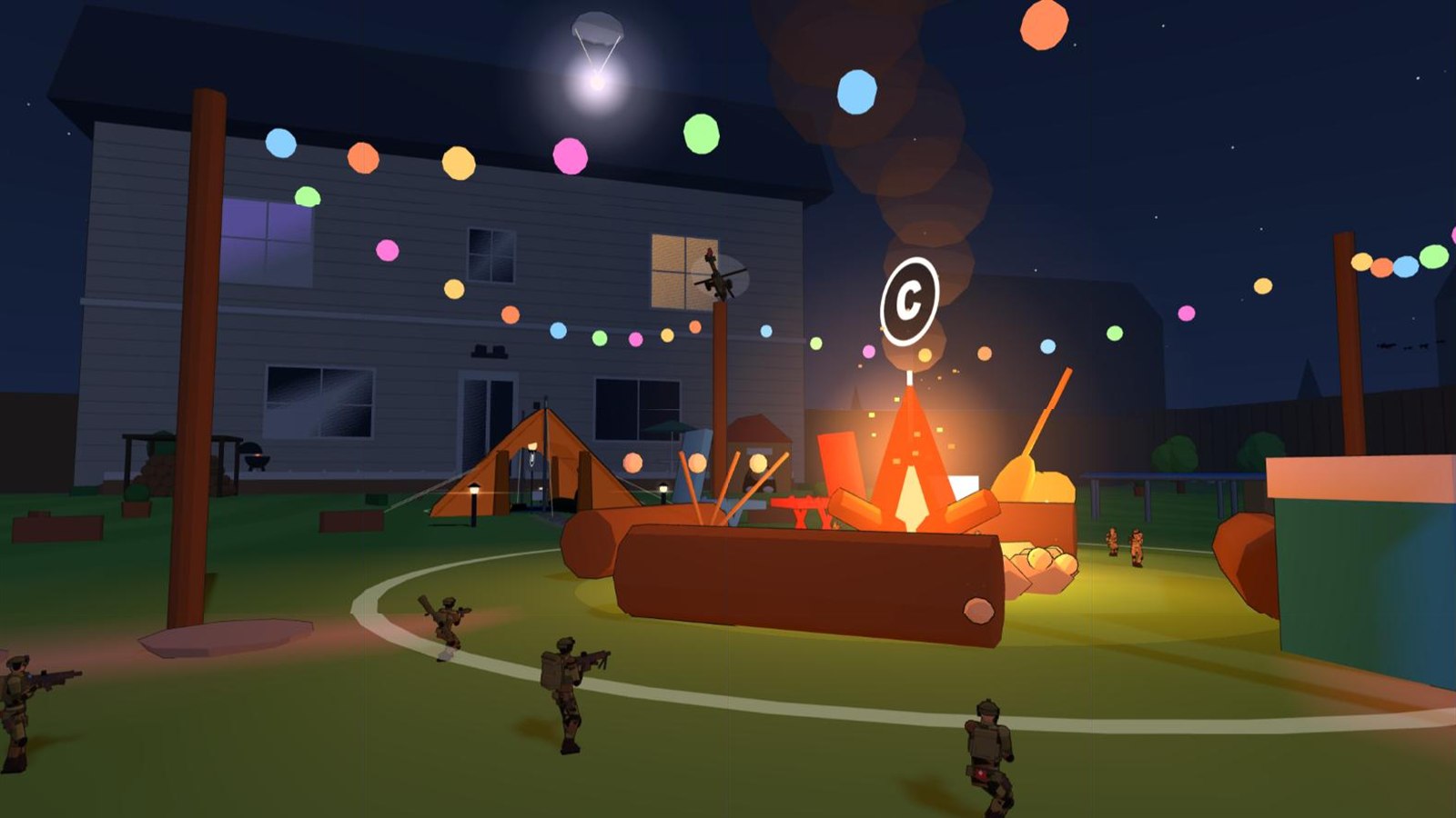 Toy soldiers crossing the campfire point at night, under string lights, with a glowing orange tent, a flare on a parachute and an Apache in front of the house's lit windows.