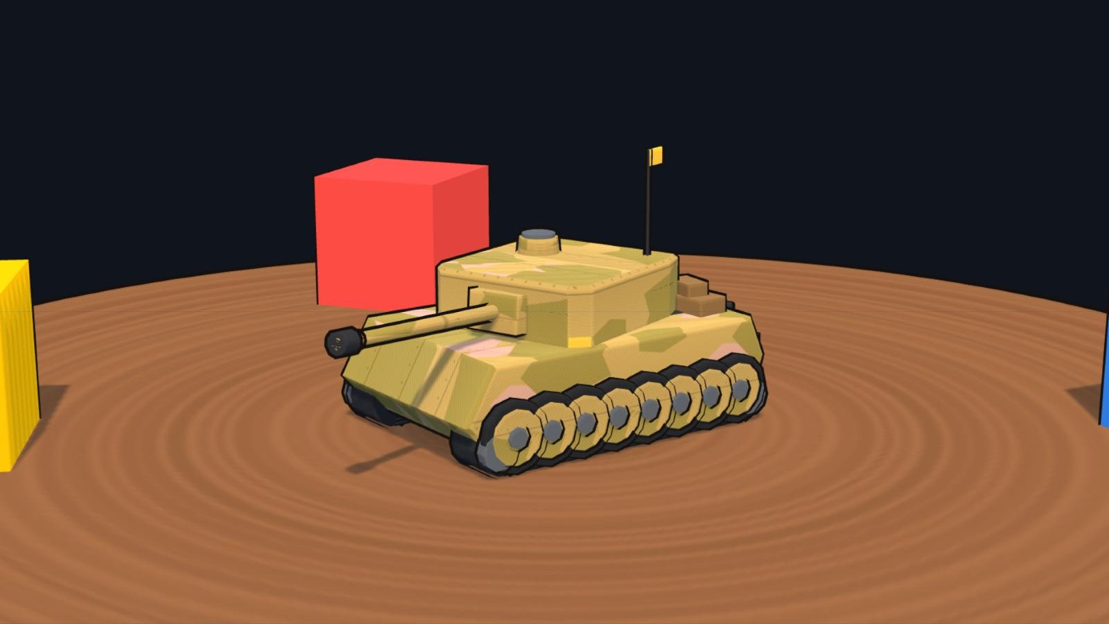 A tan Tiger I tank on a wooden display turntable between toy blocks.