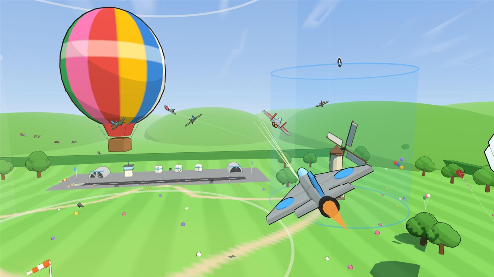 An F-16 firing up at a Su-35 in the blue sky zone by the windmill, with prop fighters dogfighting round a striped hot-air balloon and Blue's airfield below.