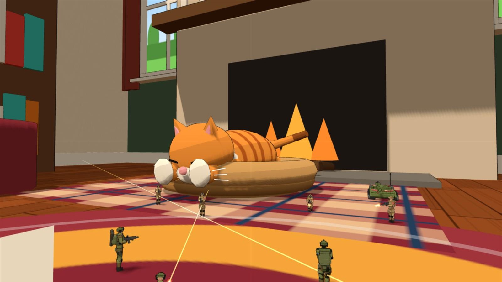 Toy soldiers and a tank trading fire on a plaid rug in the den, in front of the fireplace where a giant ginger cat naps in its basket.