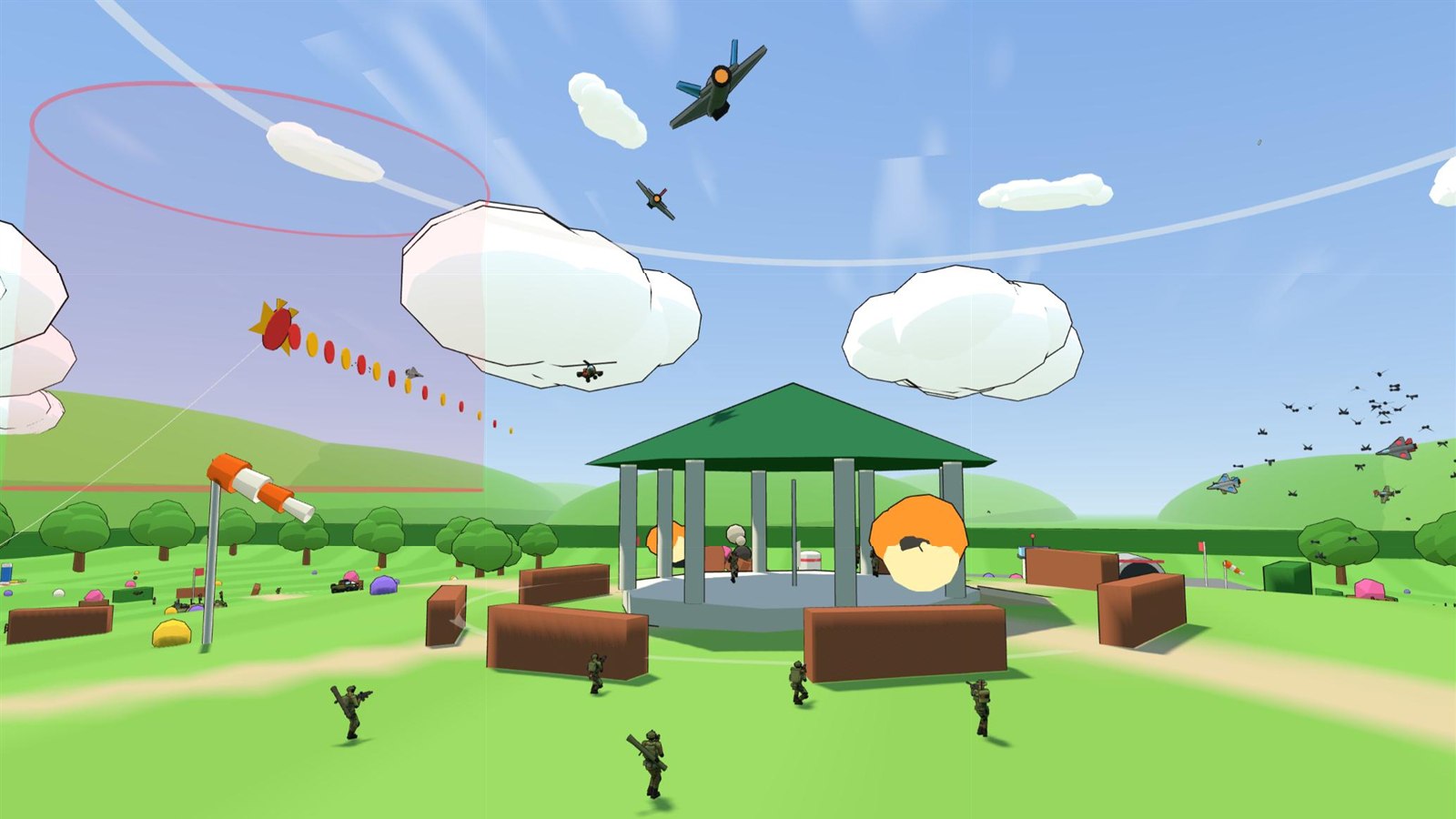 Toy soldiers storming a green-roofed bandstand on a hilltop between brick walls, with explosions, jets and a helicopter overhead, a dragon kite and a windsock on the left and a flock of starlings on the right.