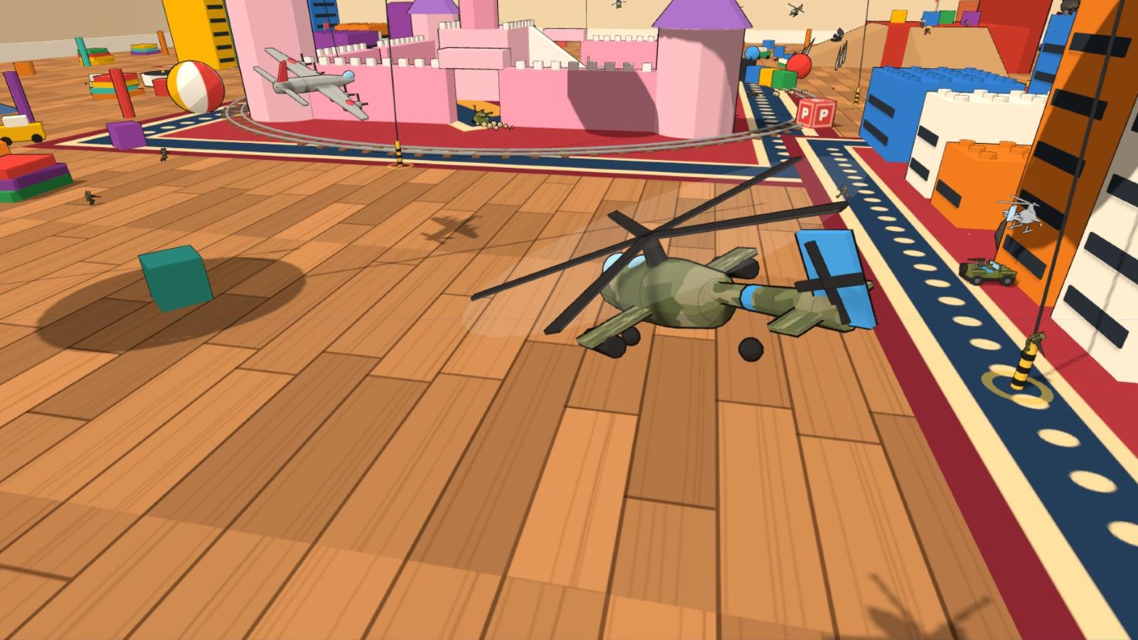 An Apache helicopter firing rockets over the garden shed while tanks fight below.