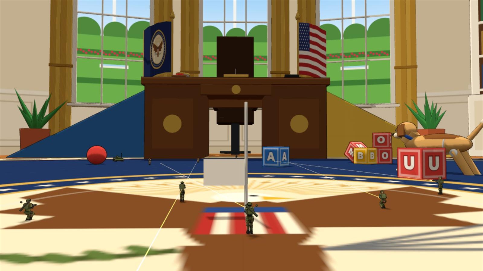 Toy soldiers fighting across the seal on the Oval Office carpet, in front of the carved desk, the flags and three tall windows, with the robot dog by the letter blocks.