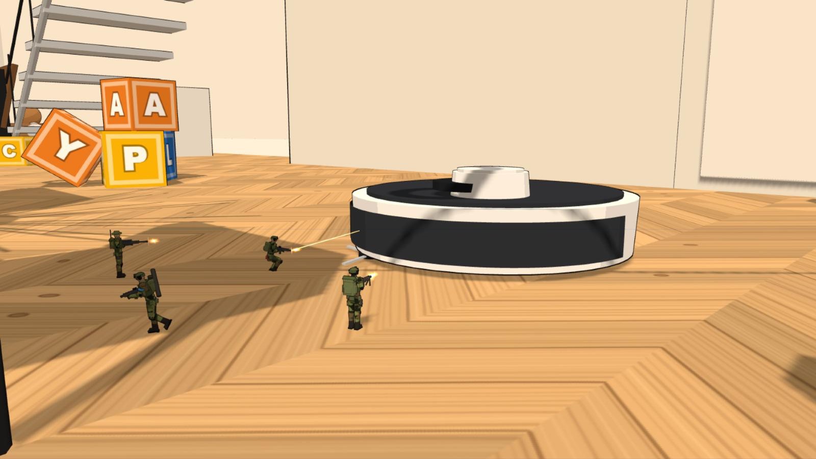 A robot vacuum cleaner rolling between toy tanks, letter blocks and a beach ball on the living-room floor.
