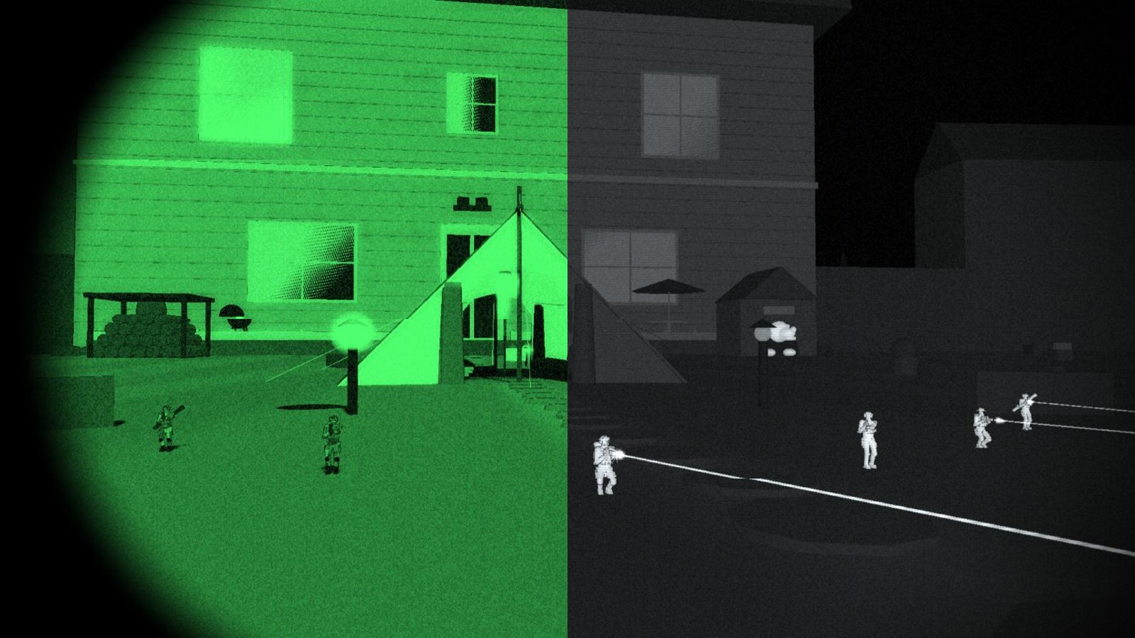 The same moment twice: through green night-vision goggles on the left, and on the right through a white-hot thermal sight where soldiers and their tracers glow against the cold garden and the house.