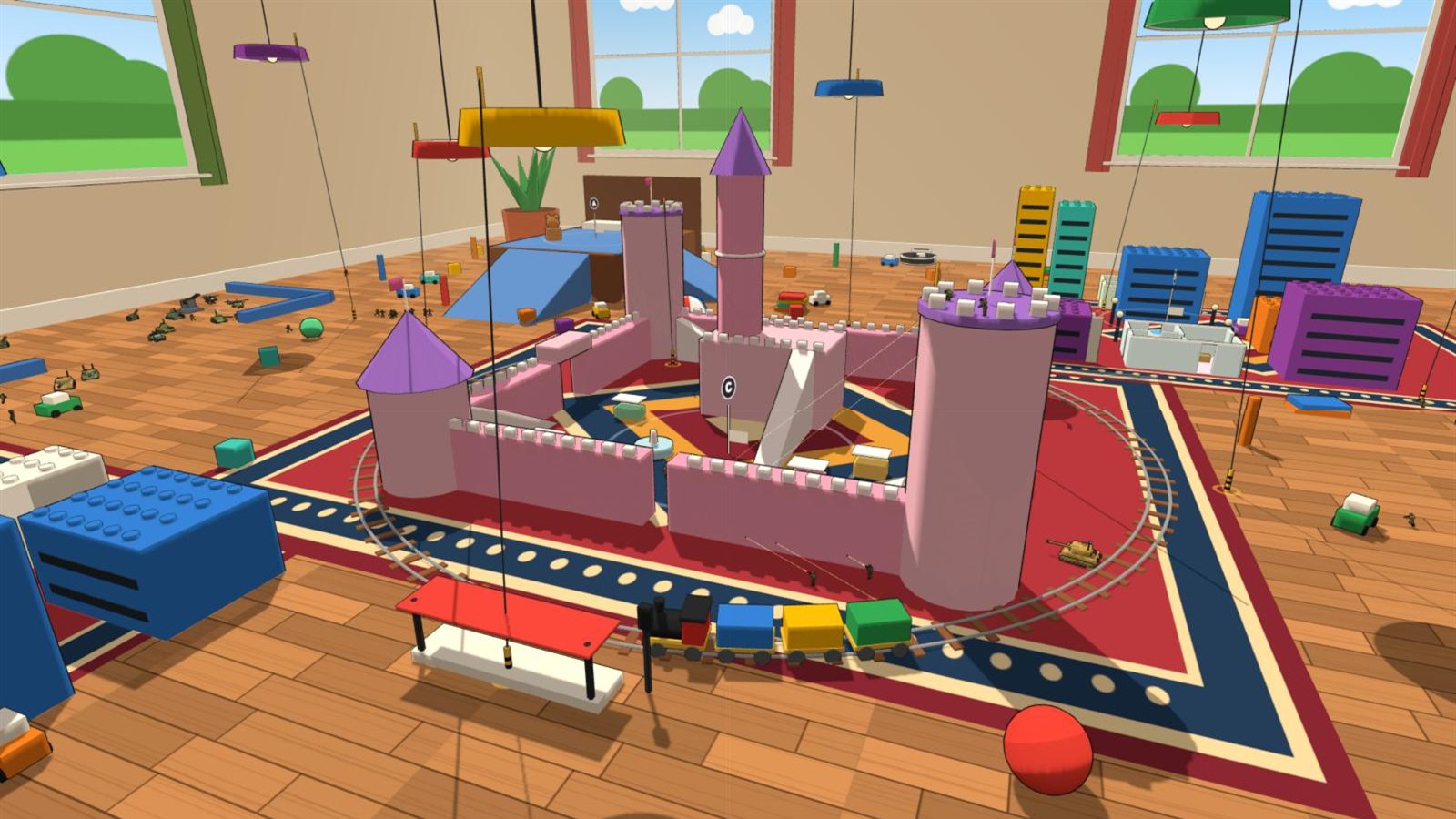 The playroom battlefield: a pink toy castle ringed by a train track, the toy train pulling into its station, block-built towns and toy tanks.