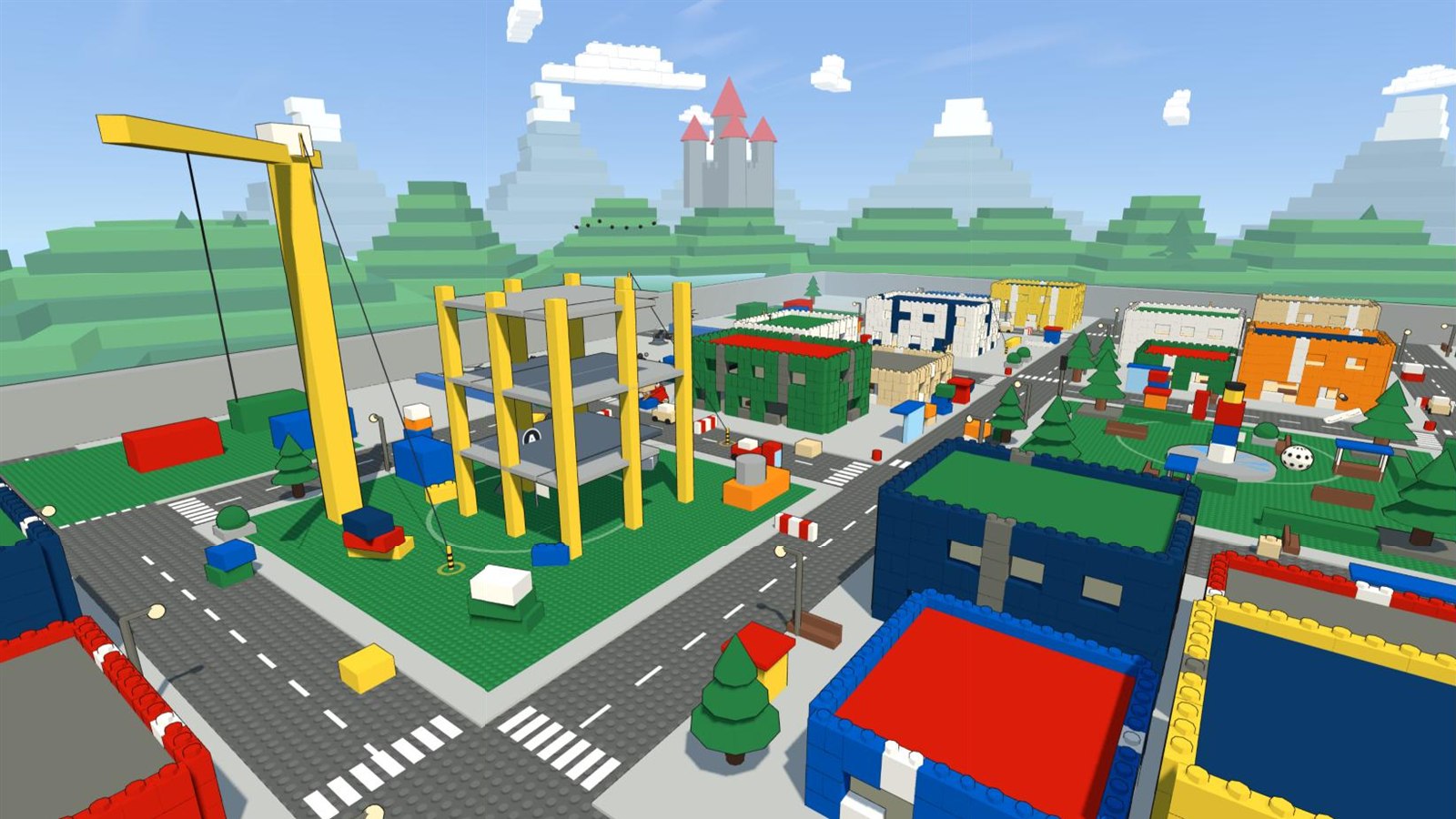A toy city built from bricks in front of a brick castle on a hill, stepped green hills, snow-capped brick mountains and clouds made of bricks.