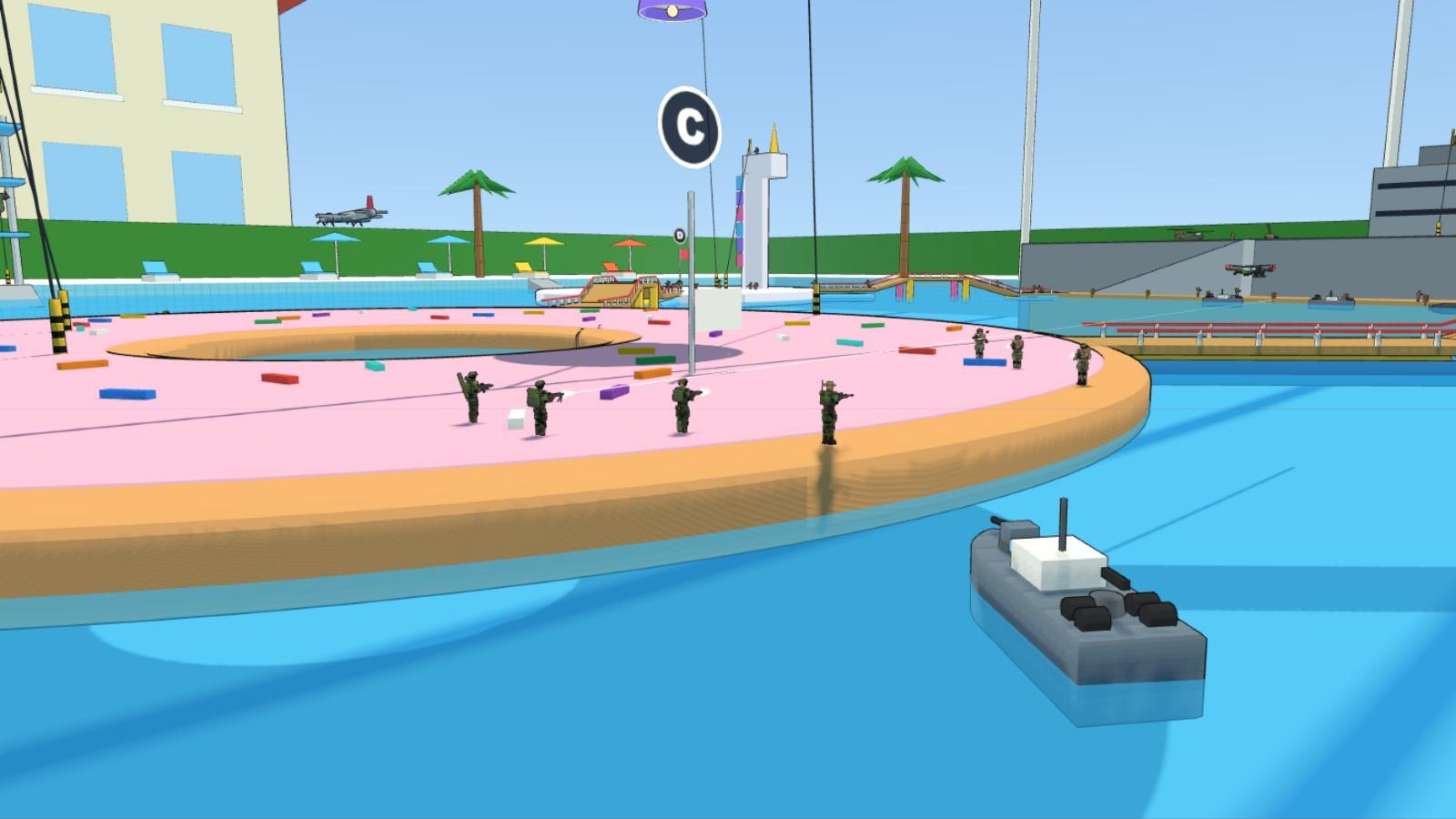An outdoor swimming pool with a pink flamingo float, a giant donut, wooden bridges, a toy aircraft carrier, palm trees and party lights.