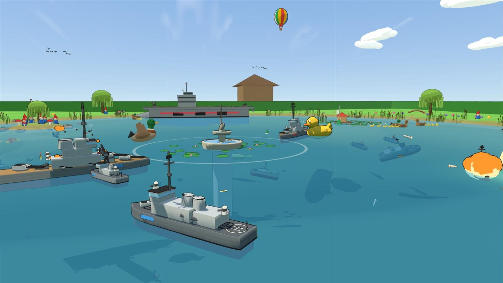 Toy warships fighting round a fountain on a garden pond, a battleship firing, a giant rubber duck and a mallard on the water, ducklings by the reeds and an aircraft carrier beyond.