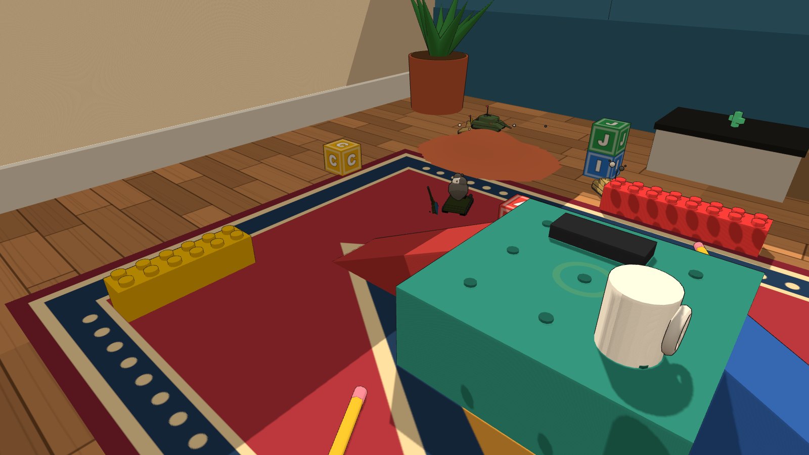 The living room arena: a teal ottoman with a mug on top, toy bricks and letter blocks on a rug.