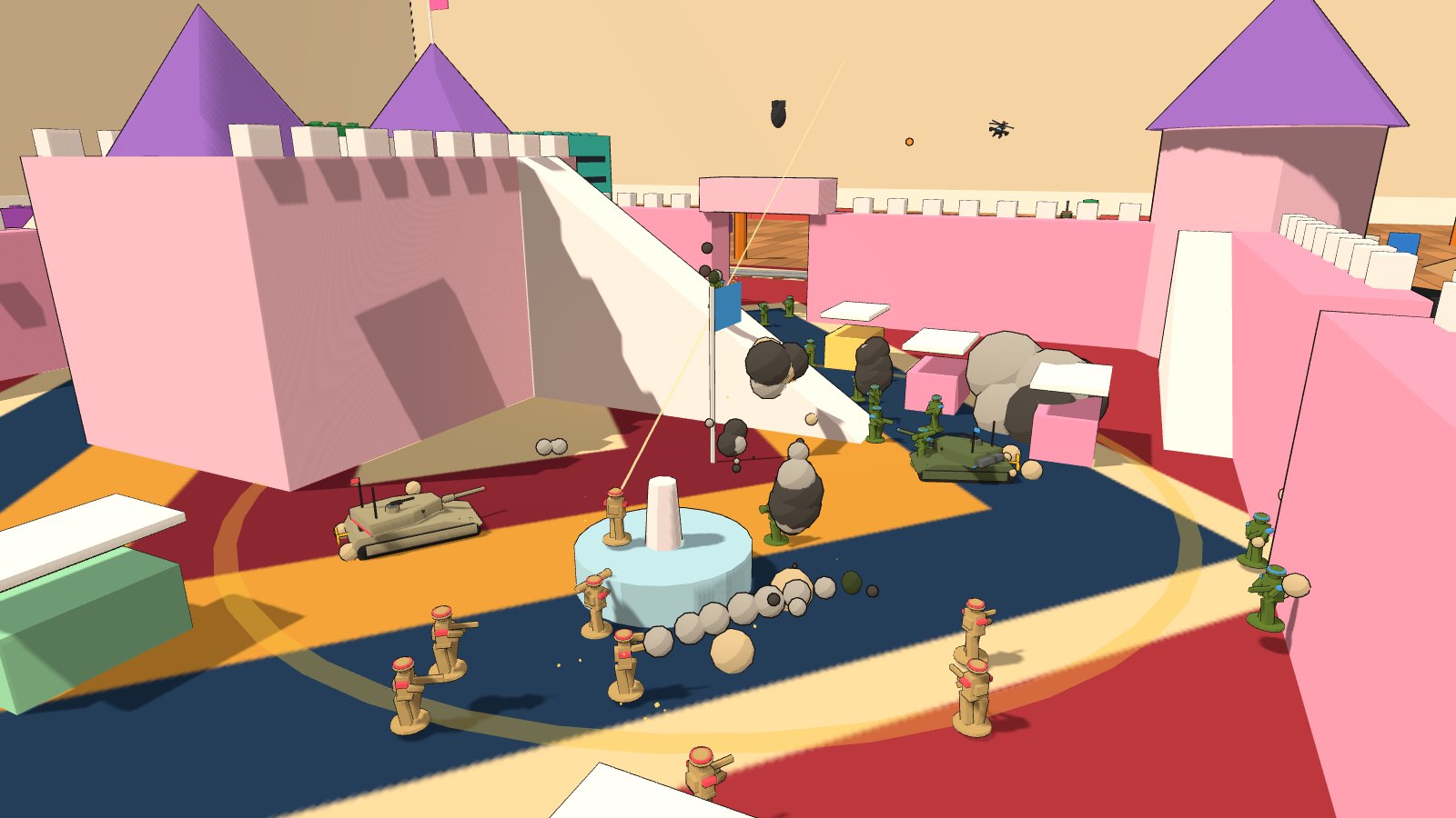 Tan and green plastic armies trading fire around the capture flag in the pink castle courtyard.