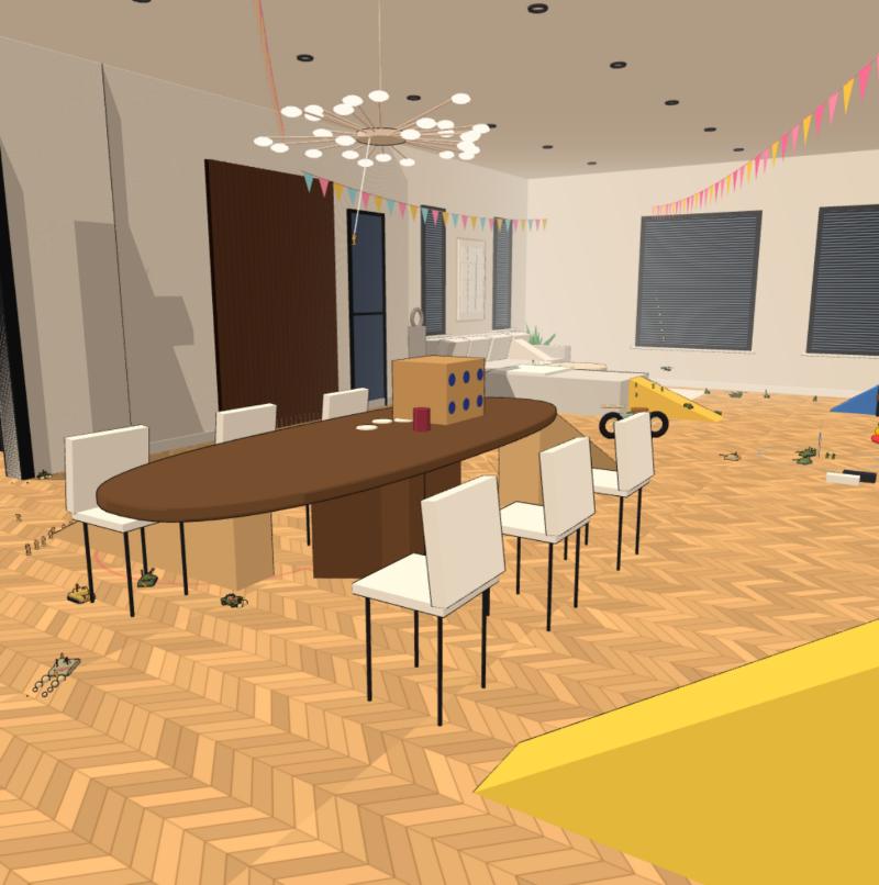 A toy-scale open-plan living room: a long oak dining table with white chairs under a branchy chandelier, a sofa and windows with blinds.