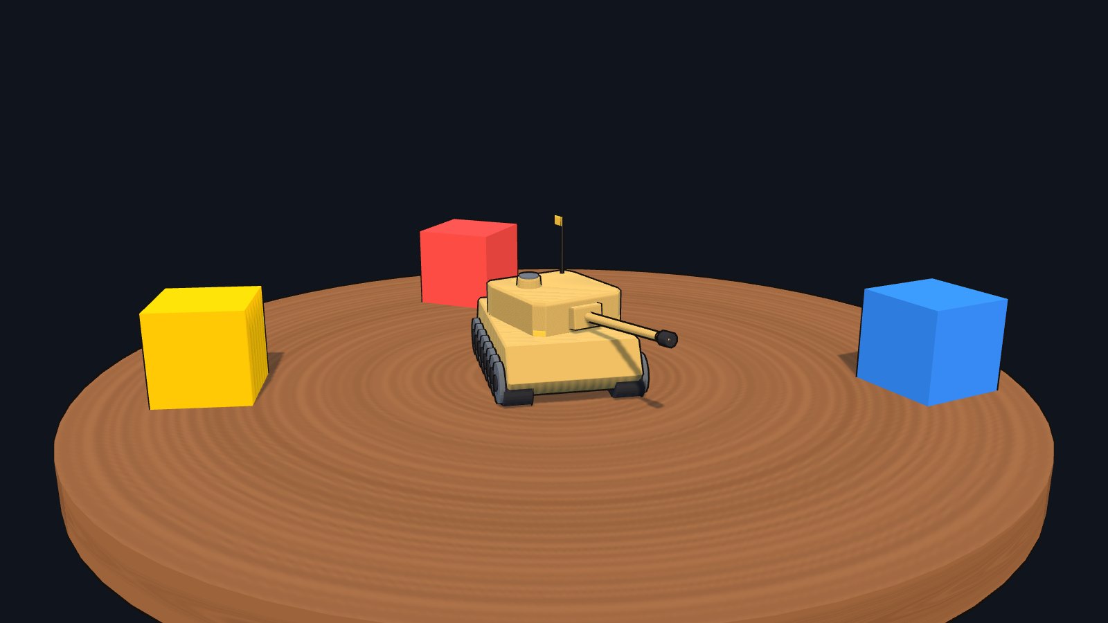 A tan Tiger I tank on a wooden display turntable between toy blocks.